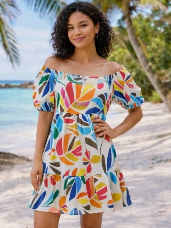 Tabitha Brown Dresses & Skirts - Tabitha Brown x Target Linen Blend Puff Dress - Rainbow Botanical Print